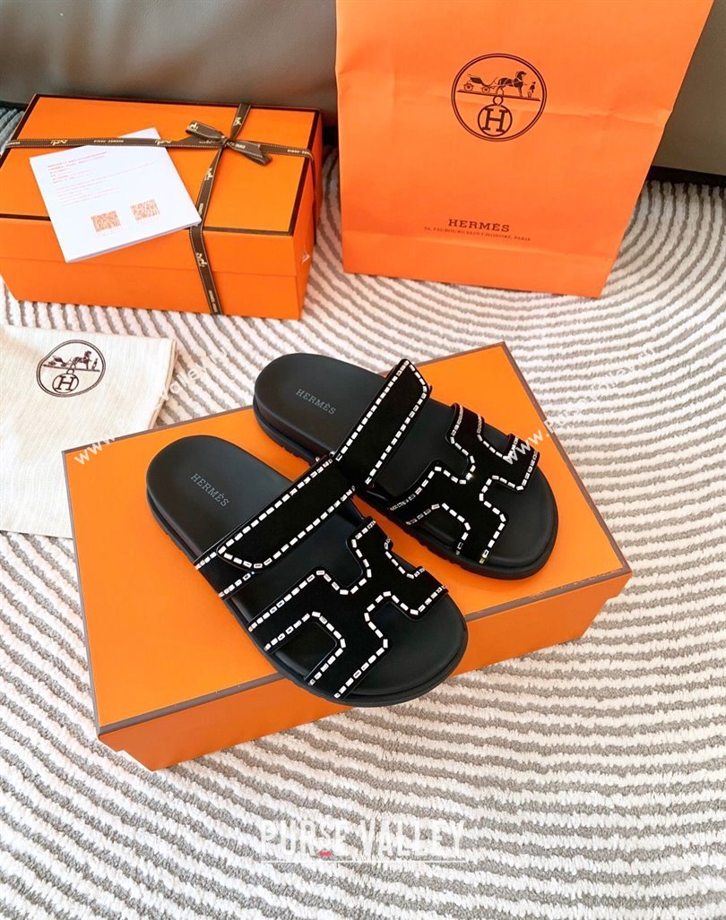 Hermes Chypre Flat Sandals in Suede with Crystals Black 2024 0104 (MD-240104084)