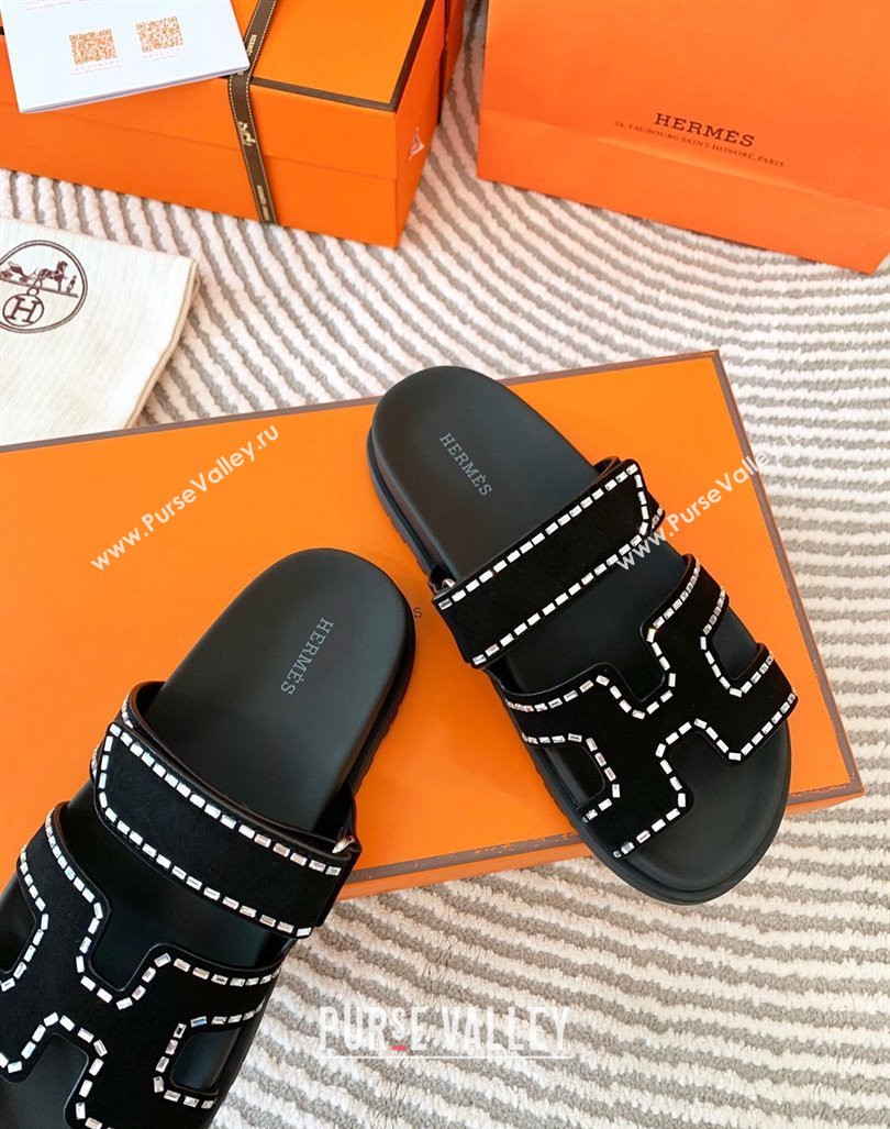 Hermes Chypre Flat Sandals in Suede with Crystals Black 2024 0104 (MD-240104084)