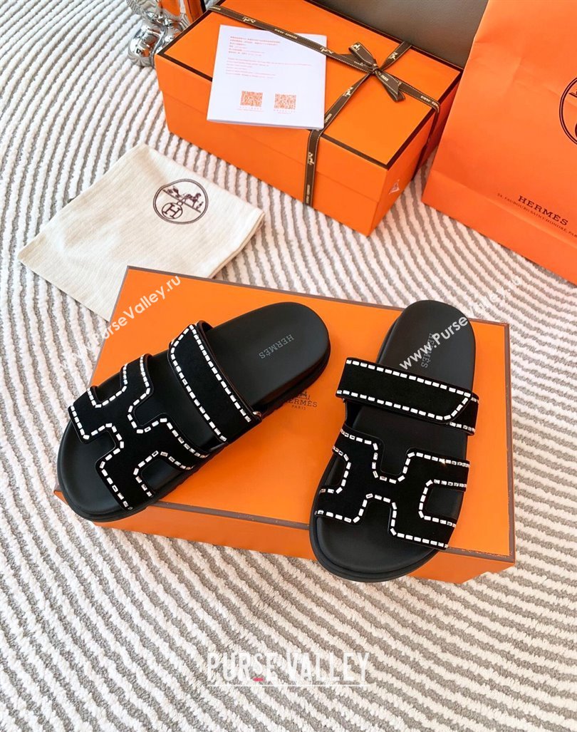 Hermes Chypre Flat Sandals in Suede with Crystals Black 2024 0104 (MD-240104084)