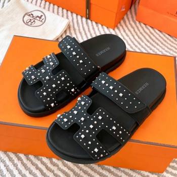 Hermes Chypre Flat Sandals in Calfskin with Studs Black/Silver 2024 0104 (MD-240104085)