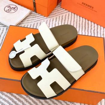 Hermes Chypre Flat Sandals in Grained Calfskin White 2024 0104 (MD-240104086)