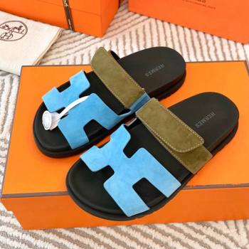 Hermes Chypre Flat Sandals in Suede Light Blue/Green 2024 0104 (MD-240104088)