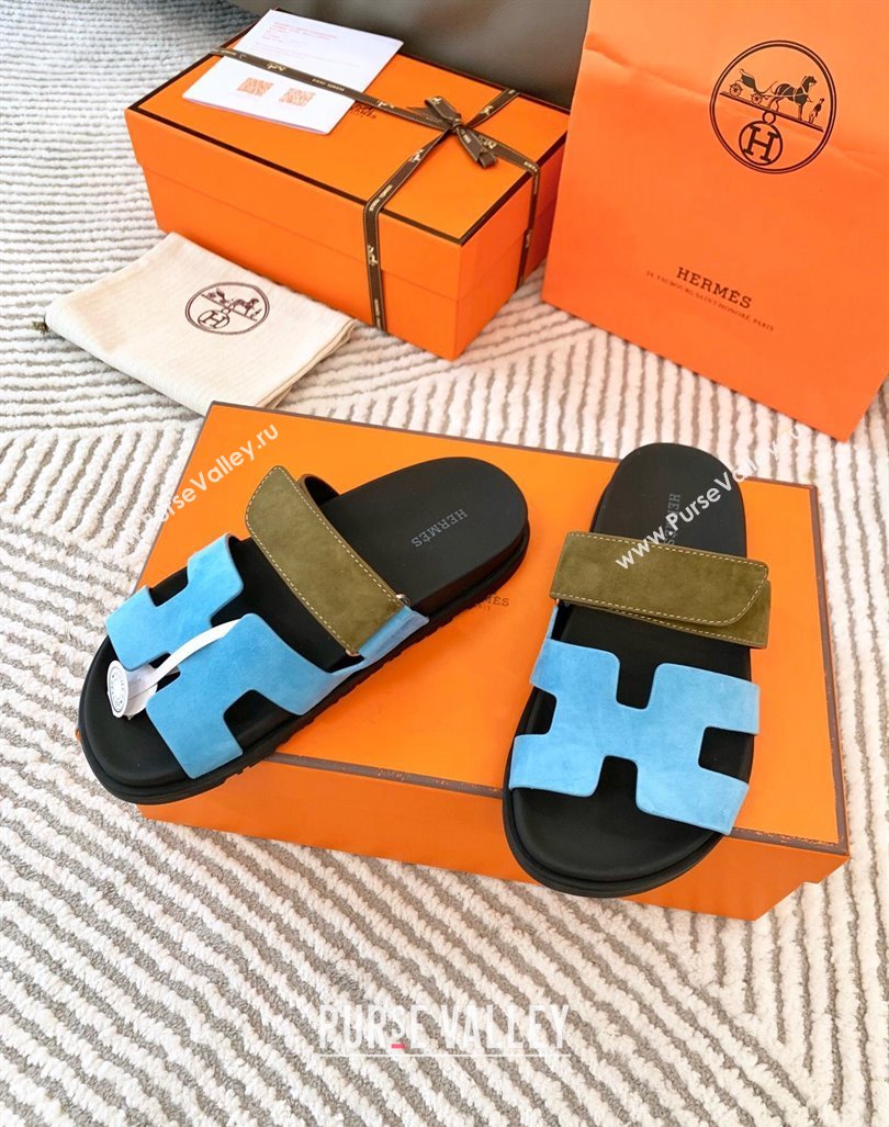 Hermes Chypre Flat Sandals in Suede Light Blue/Green 2024 0104 (MD-240104088)