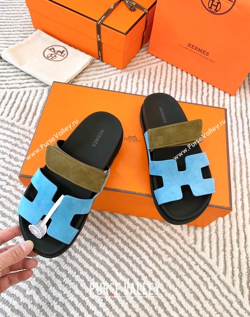 Hermes Chypre Flat Sandals in Suede Light Blue/Green 2024 0104 (MD-240104088)