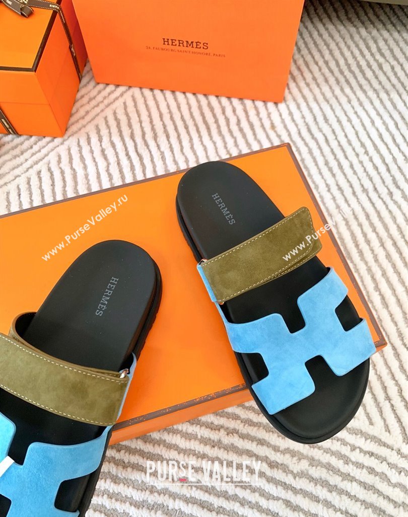 Hermes Chypre Flat Sandals in Suede Light Blue/Green 2024 0104 (MD-240104088)