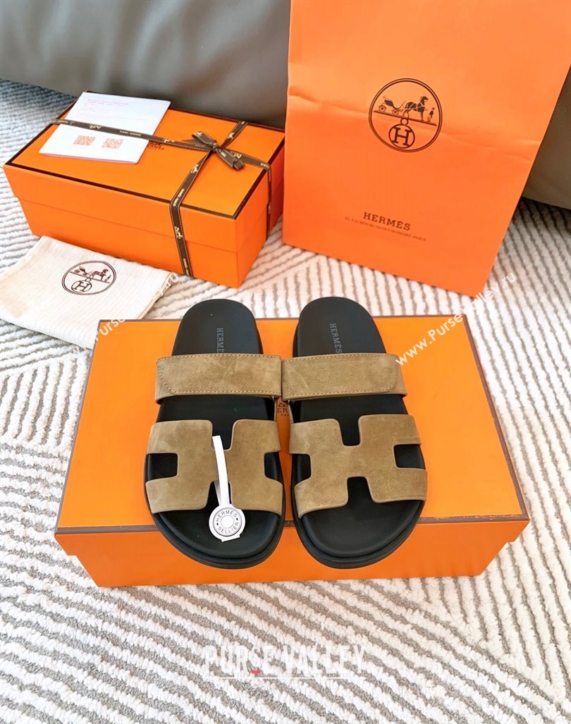 Hermes Chypre Flat Sandals in Suede Light Brown 2024 0104 (MD-240104089)