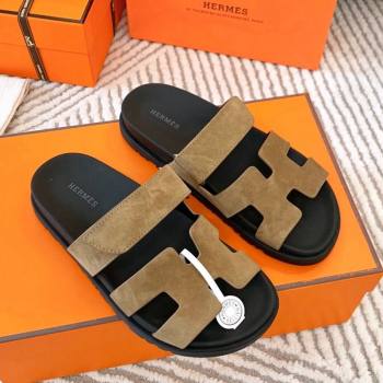 Hermes Chypre Flat Sandals in Suede Light Brown 2024 0104 (MD-240104089)