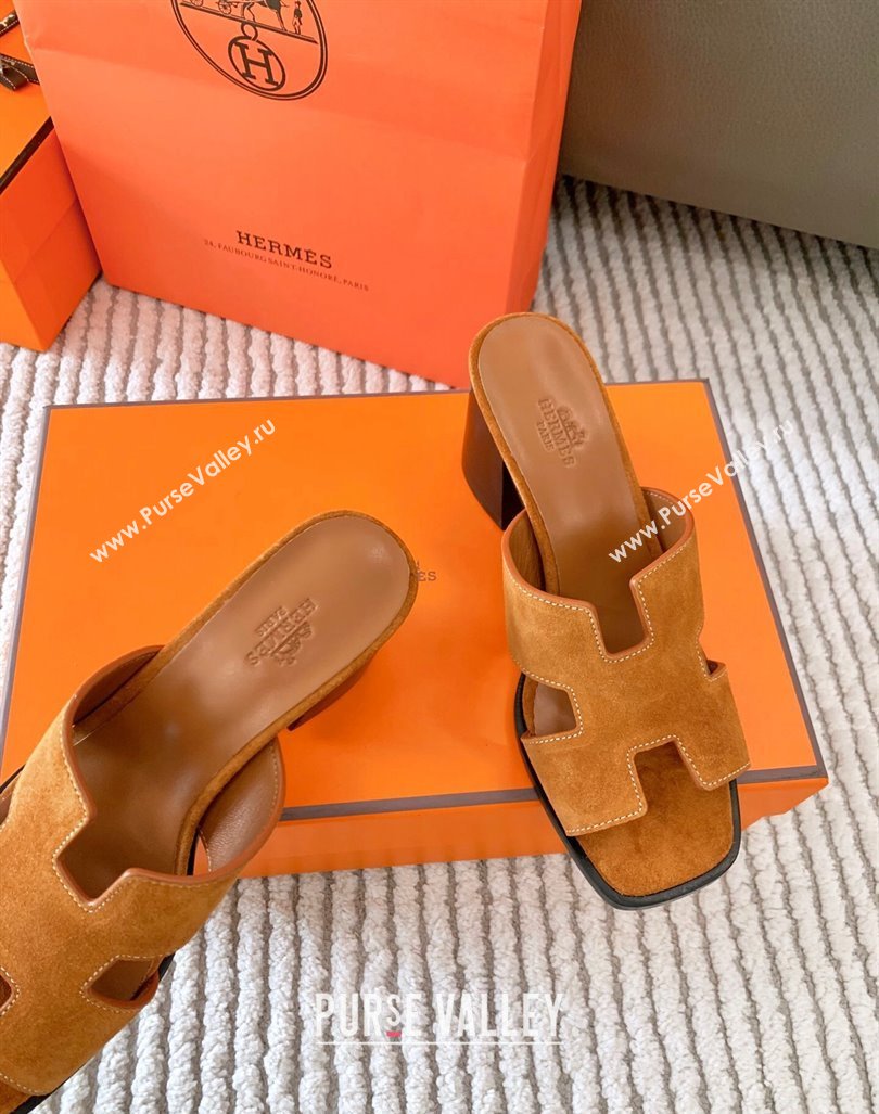 Hermes Helia Heel Slide Sandals 6cm in Suede Brown 2024 (MD-240104071)