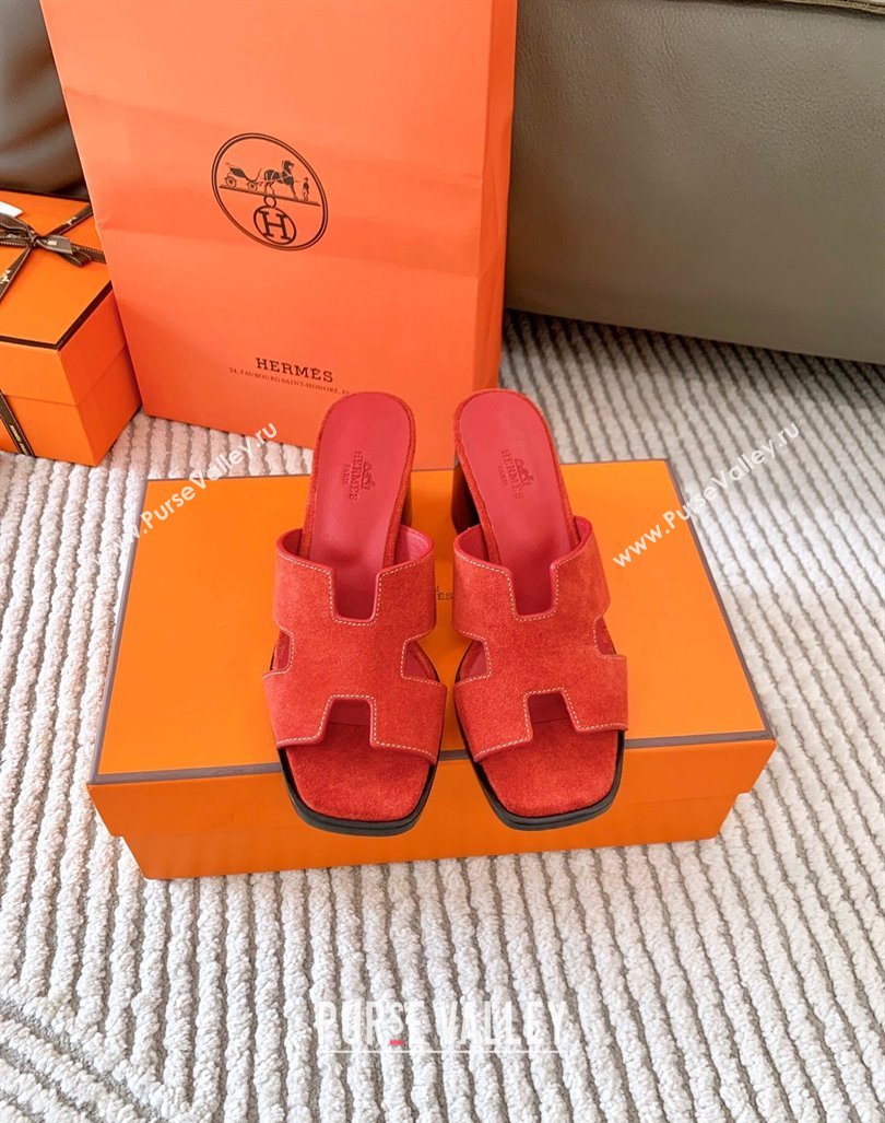 Hermes Helia Heel Slide Sandals 6cm in Suede Red 2024 (MD-240104072)