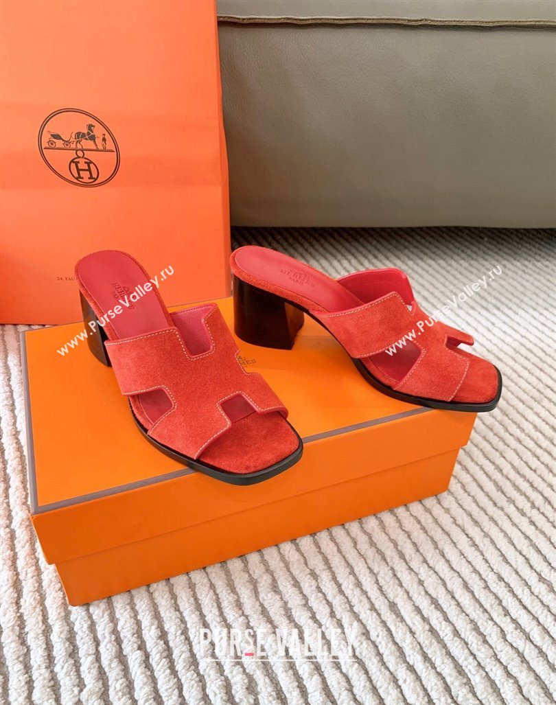 Hermes Helia Heel Slide Sandals 6cm in Suede Red 2024 (MD-240104072)