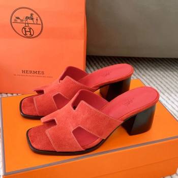 Hermes Helia Heel Slide Sandals 6cm in Suede Red 2024 (MD-240104072)