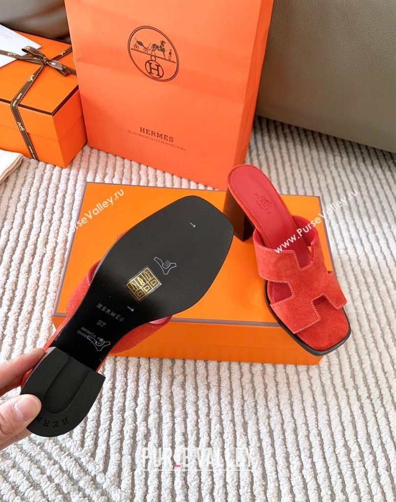 Hermes Helia Heel Slide Sandals 6cm in Suede Red 2024 (MD-240104072)