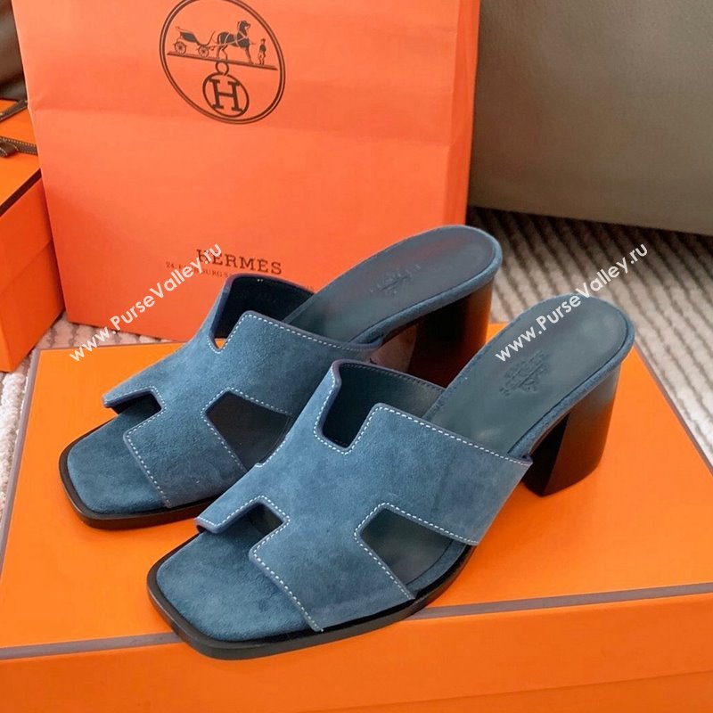 Hermes Helia Heel Slide Sandals 6cm in Suede Blue 2024 (MD-240104073)