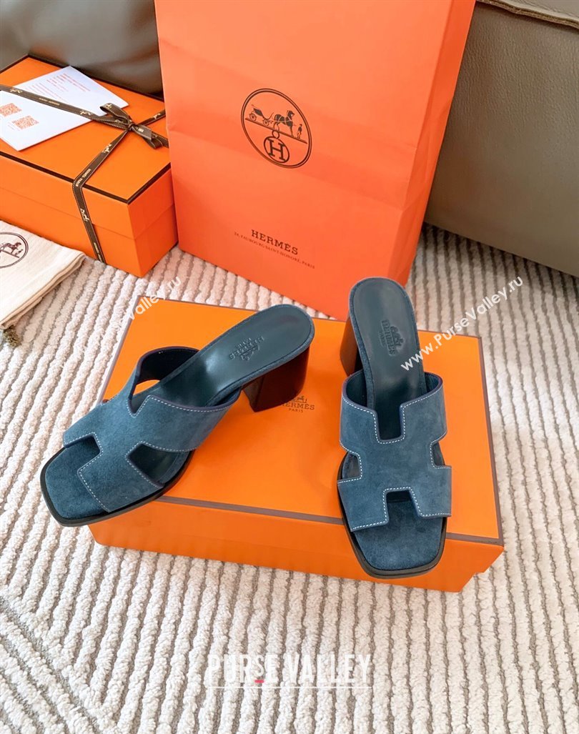 Hermes Helia Heel Slide Sandals 6cm in Suede Blue 2024 (MD-240104073)