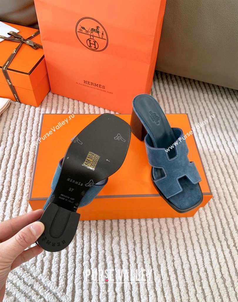 Hermes Helia Heel Slide Sandals 6cm in Suede Blue 2024 (MD-240104073)