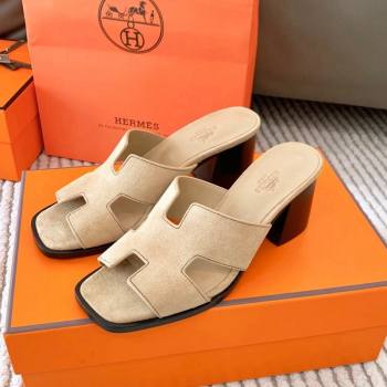 Hermes Helia Heel Slide Sandals 6cm in Suede Beige 2024 (MD-240104074)