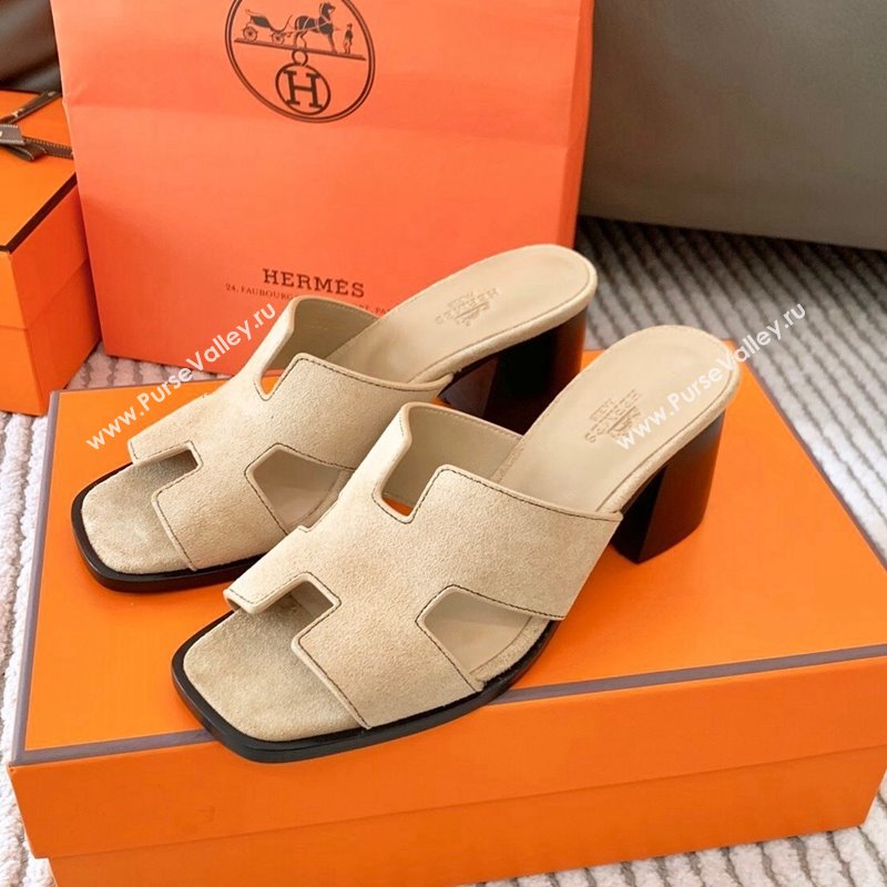 Hermes Helia Heel Slide Sandals 6cm in Suede Beige 2024 (MD-240104074)