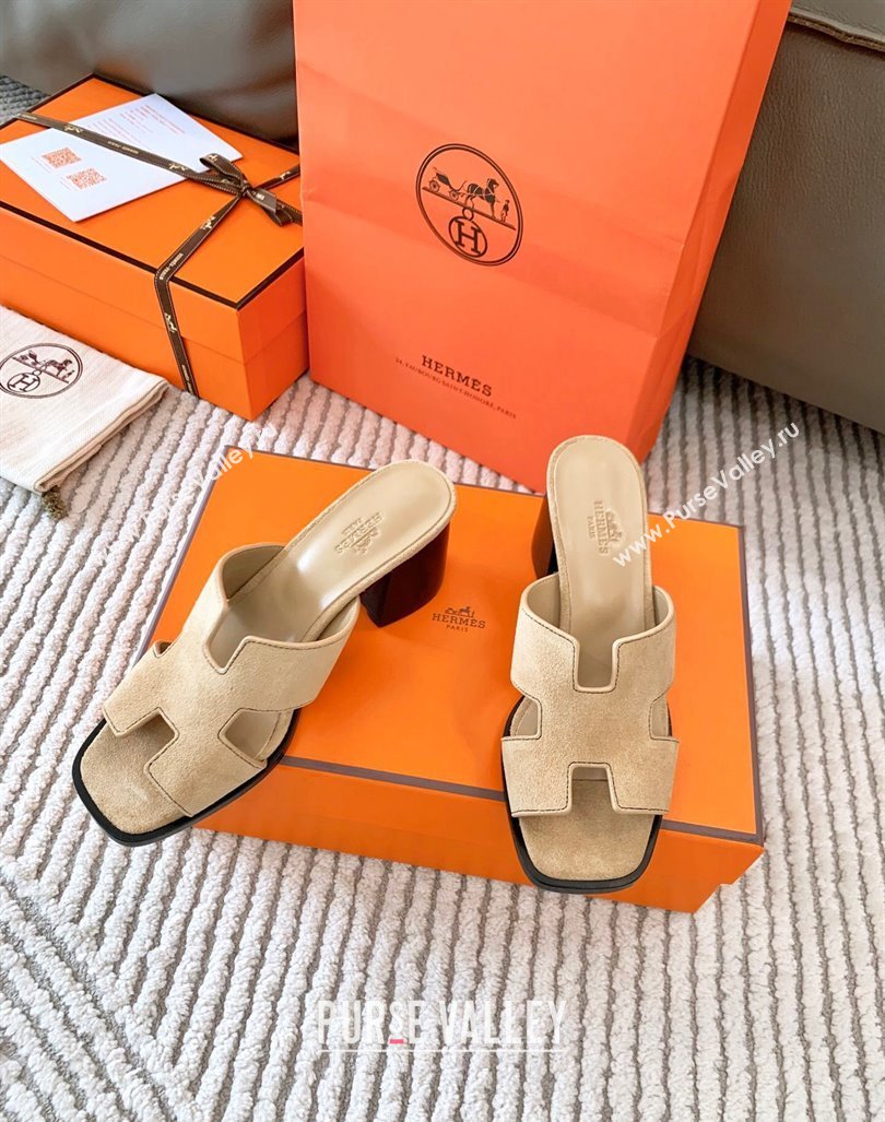 Hermes Helia Heel Slide Sandals 6cm in Suede Beige 2024 (MD-240104074)