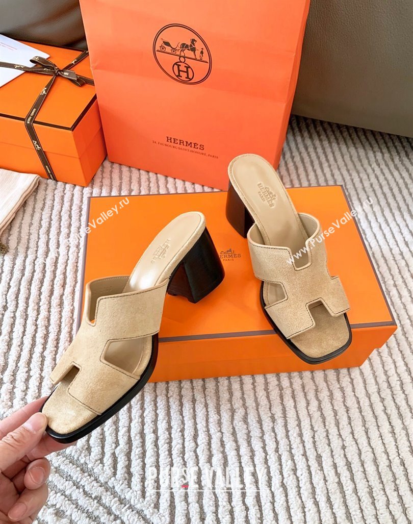 Hermes Helia Heel Slide Sandals 6cm in Suede Beige 2024 (MD-240104074)