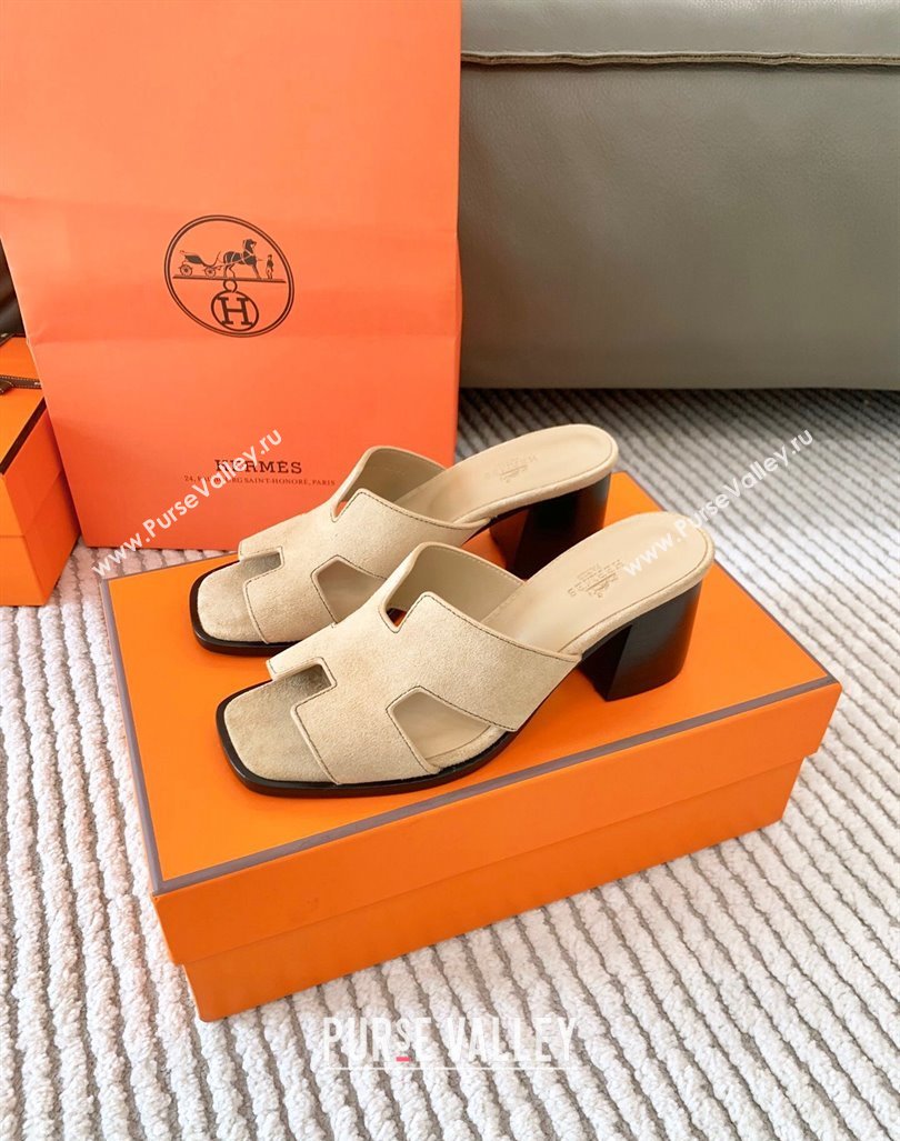 Hermes Helia Heel Slide Sandals 6cm in Suede Beige 2024 (MD-240104074)