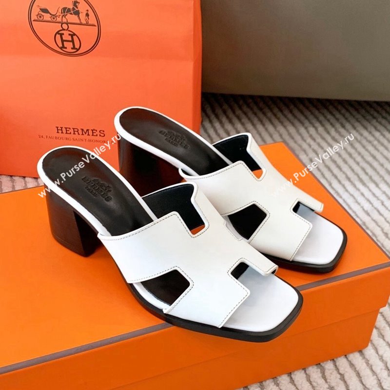 Hermes Helia Heel Slide Sandals 6cm in Calfskin White 2024 (MD-240104075)