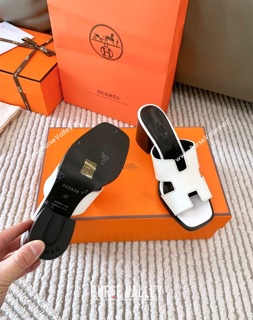 Hermes Helia Heel Slide Sandals 6cm in Calfskin White 2024 (MD-240104075)