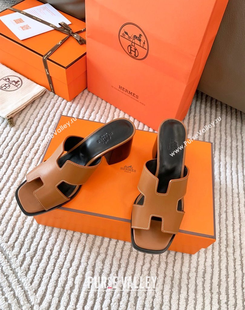 Hermes Helia Heel Slide Sandals 6cm in Calfskin Brown 2024 (MD-240104076)