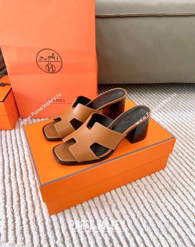 Hermes Helia Heel Slide Sandals 6cm in Calfskin Brown 2024 (MD-240104076)