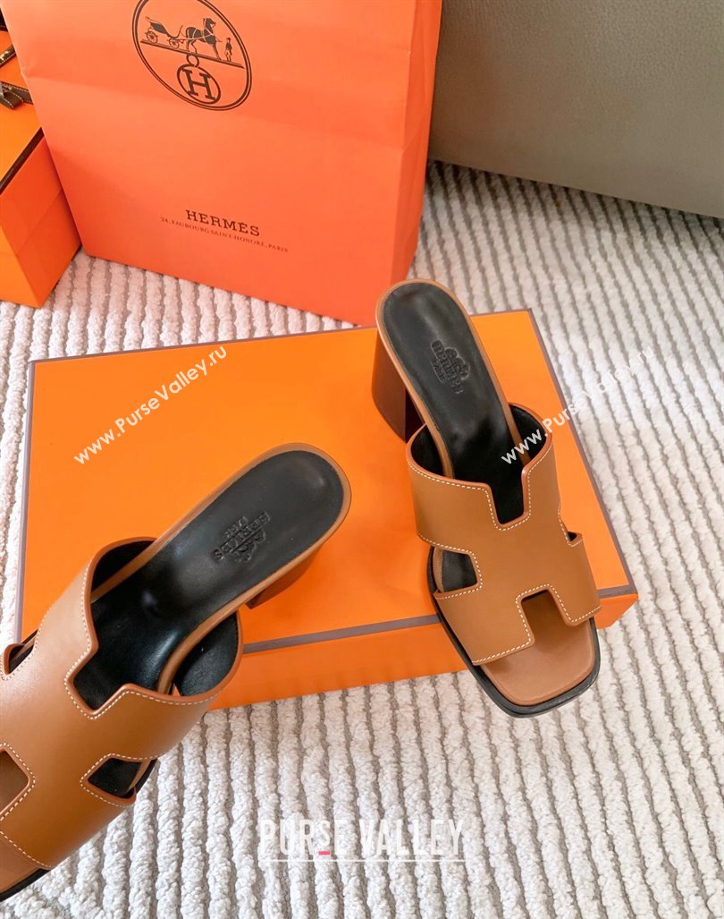 Hermes Helia Heel Slide Sandals 6cm in Calfskin Brown 2024 (MD-240104076)