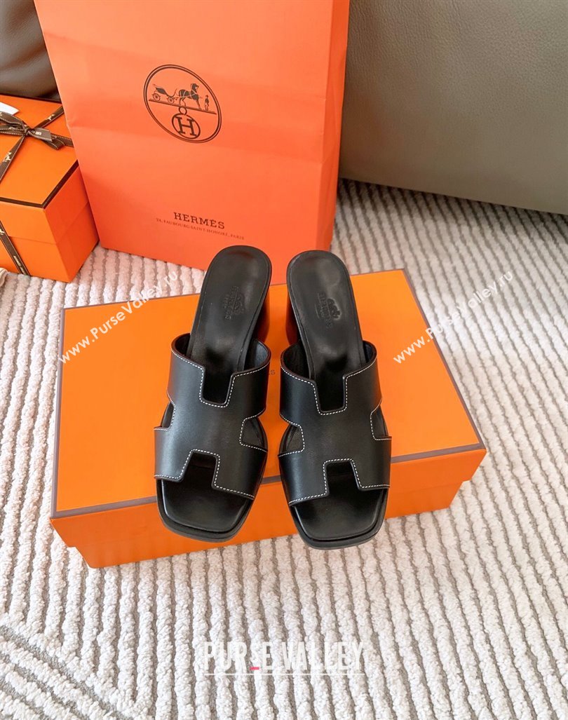 Hermes Helia Heel Slide Sandals 6cm in Calfskin Black 2024 (MD-240104077)