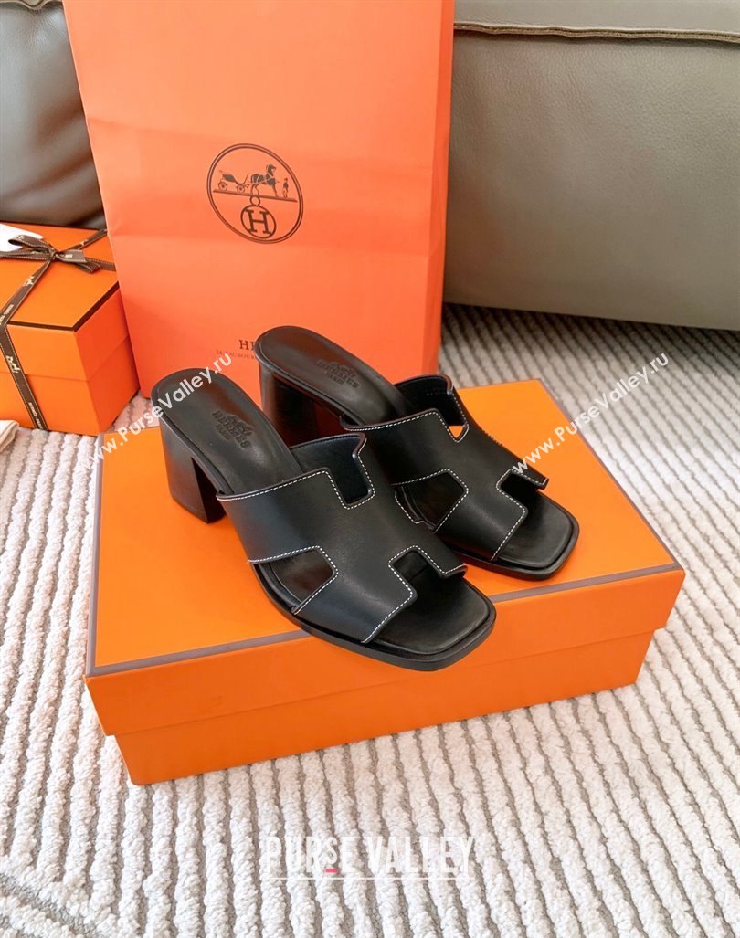 Hermes Helia Heel Slide Sandals 6cm in Calfskin Black 2024 (MD-240104077)