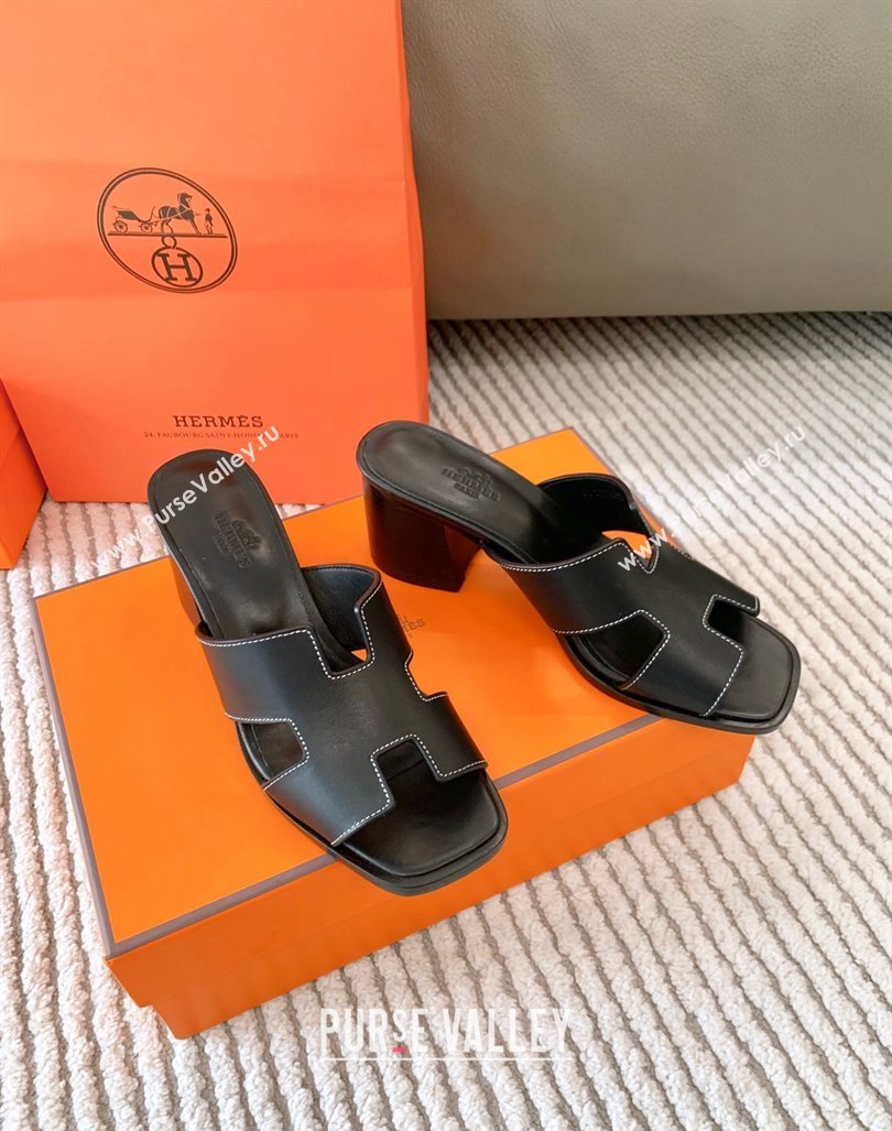 Hermes Helia Heel Slide Sandals 6cm in Calfskin Black 2024 (MD-240104077)