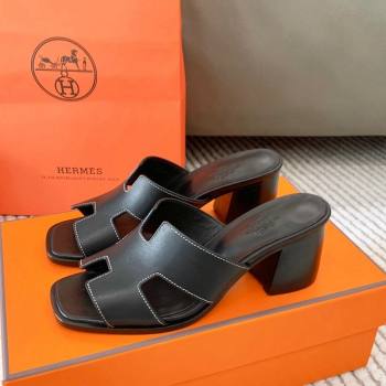 Hermes Helia Heel Slide Sandals 6cm in Calfskin Black 2024 (MD-240104077)