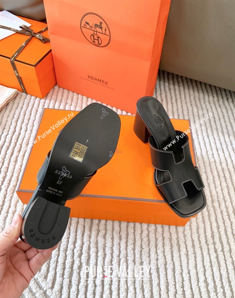 Hermes Helia Heel Slide Sandals 6cm in Calfskin Black 2024 (MD-240104077)