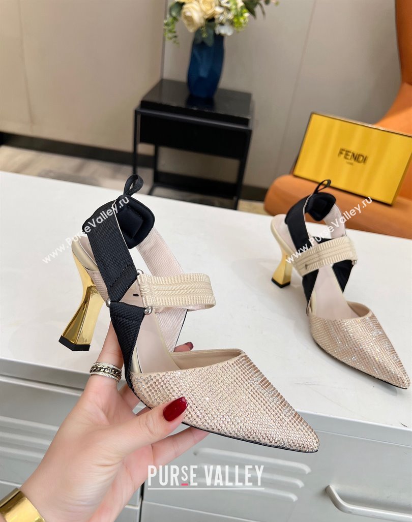 Fendi Colibri Slingback Pumps 8.5cm in Crystals Nude 2024 0106 (MD-240106077)