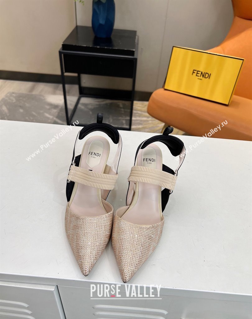 Fendi Colibri Slingback Pumps 8.5cm in Crystals Nude 2024 0106 (MD-240106077)