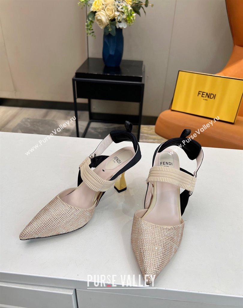 Fendi Colibri Slingback Pumps 8.5cm in Crystals Nude 2024 0106 (MD-240106077)