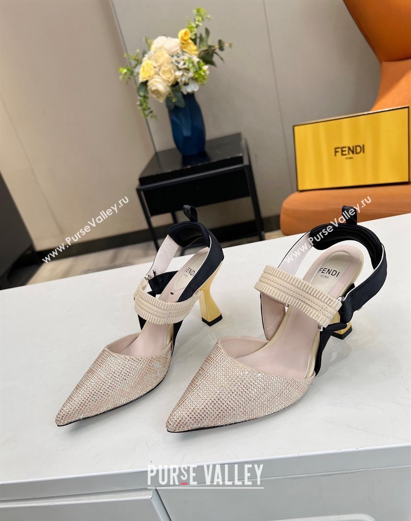 Fendi Colibri Slingback Pumps 8.5cm in Crystals Nude 2024 0106 (MD-240106077)