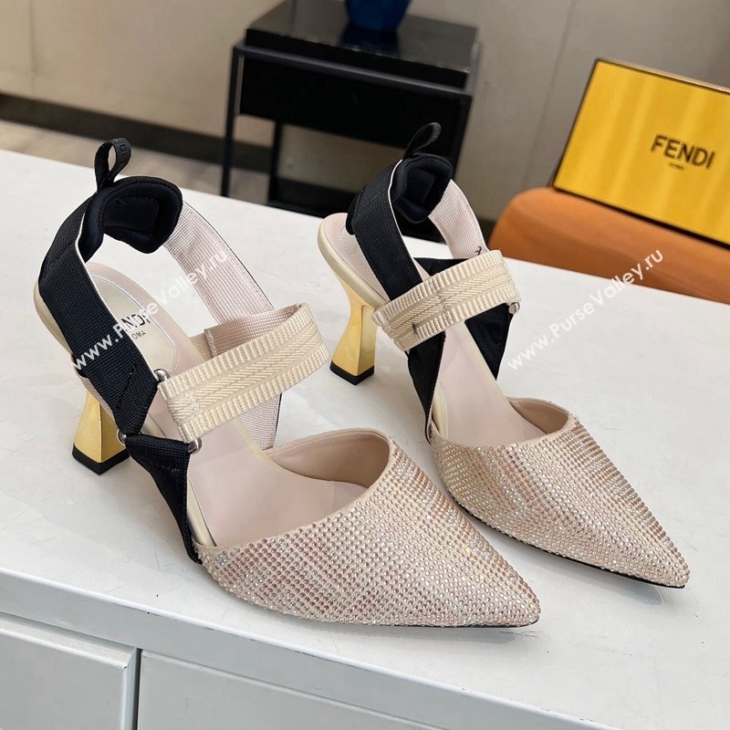 Fendi Colibri Slingback Pumps 8.5cm in Crystals Nude 2024 0106 (MD-240106077)