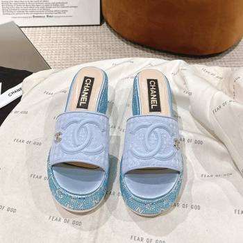 Chanel Tweed Crystals Platform Slide Sandals Light Blue 2024 CH010801 (MD-240108001)