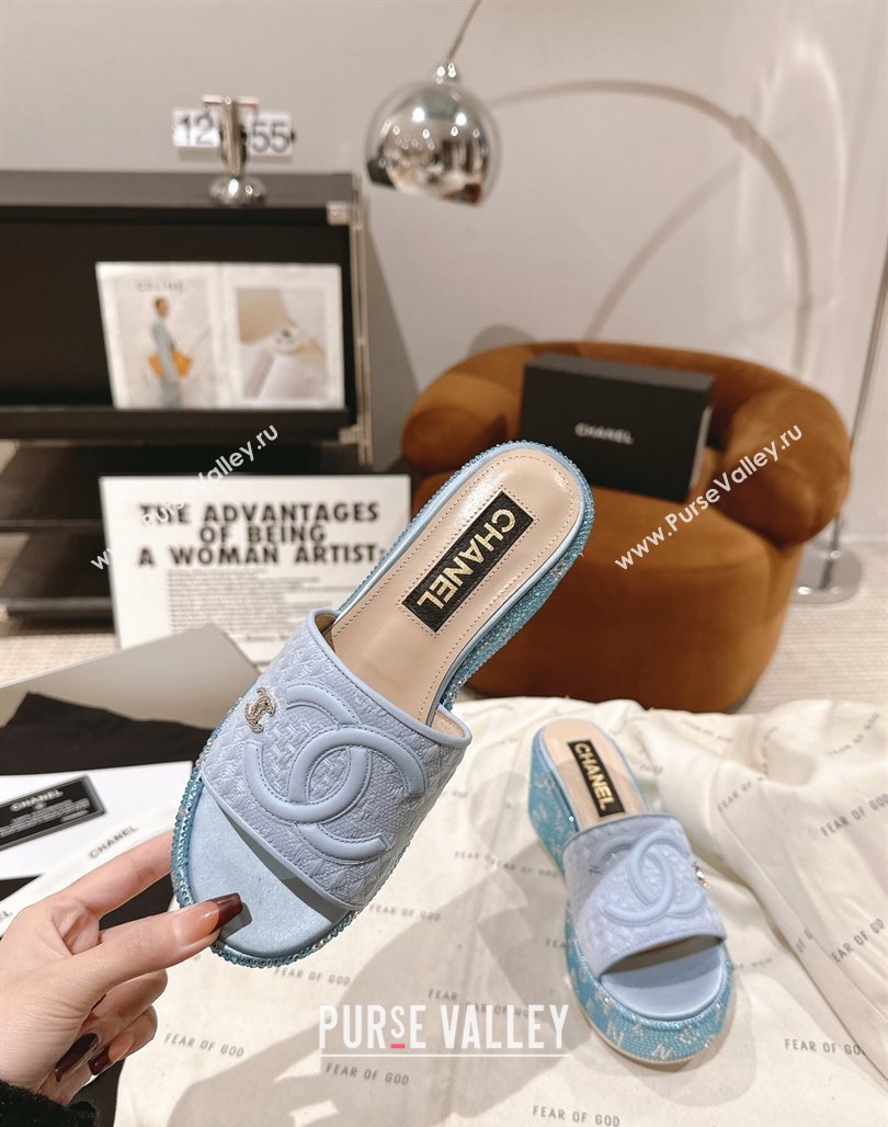 Chanel Tweed Crystals Platform Slide Sandals Light Blue 2024 CH010801 (MD-240108001)