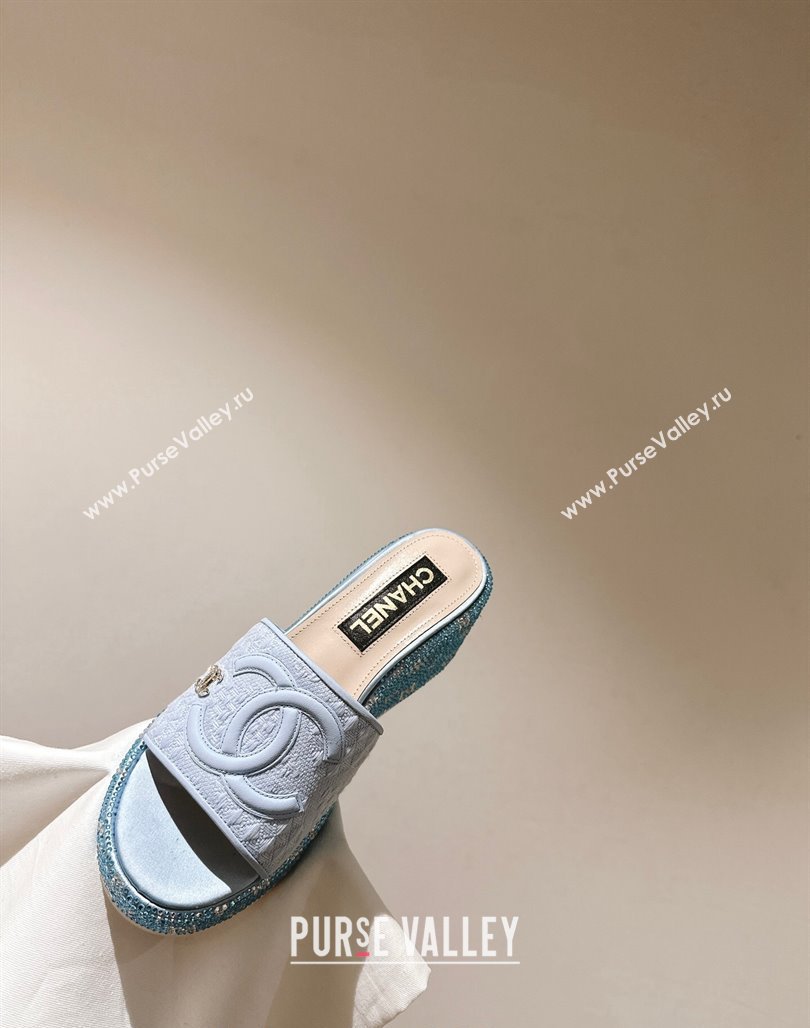 Chanel Tweed Crystals Platform Slide Sandals Light Blue 2024 CH010801 (MD-240108001)