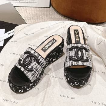 Chanel Tweed Crystals Platform Slide Sandals Black1/White 2024 CH010801 (MD-240108003)