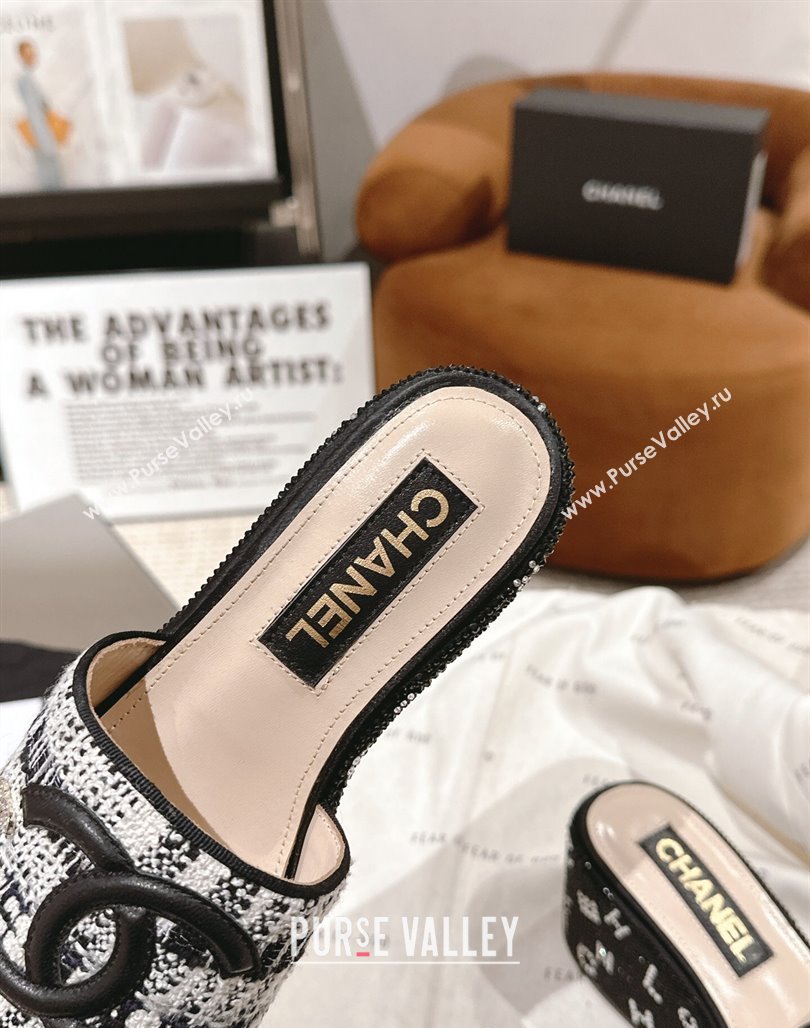 Chanel Tweed Crystals Platform Slide Sandals Black1/White 2024 CH010801 (MD-240108003)