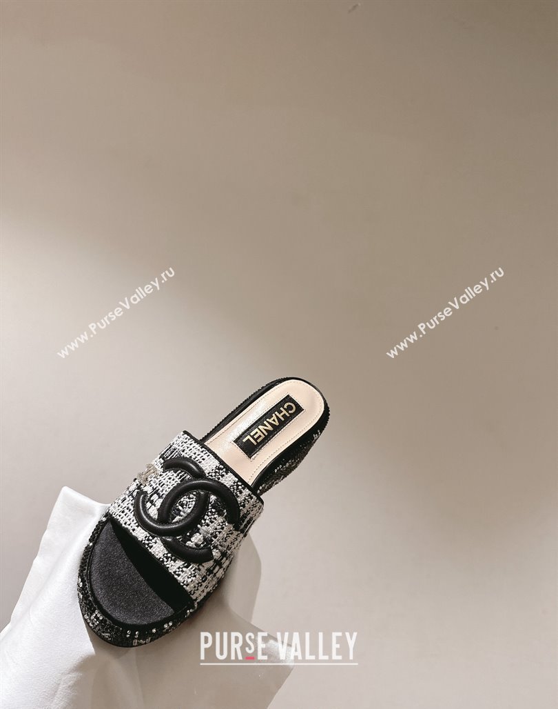 Chanel Tweed Crystals Platform Slide Sandals Black1/White 2024 CH010801 (MD-240108003)