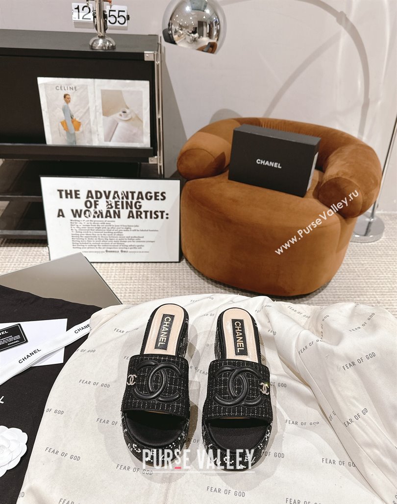 Chanel Tweed Crystals Platform Slide Sandals Black 3 2024 CH010801 (MD-240108006)