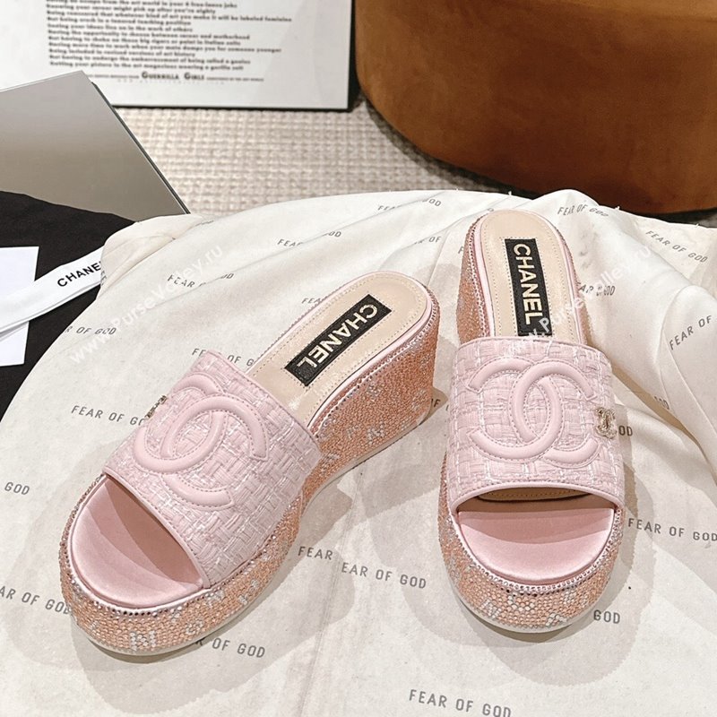 Chanel Tweed Crystals Platform Slide Sandals Light Pink 2024 CH010801 (MD-240108007)