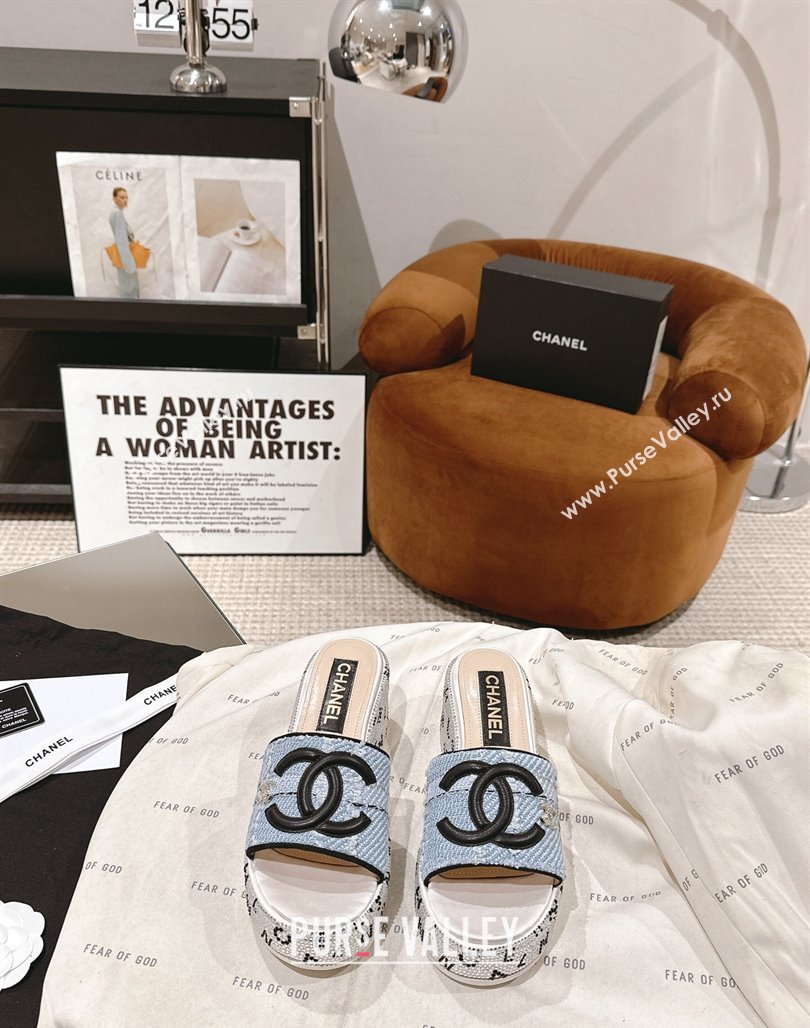 Chanel Tweed Crystals Platform Slide Sandals Light Blue 2024 CH010801 (MD-240108008)