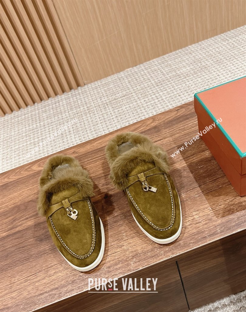 LP Charms Walk Babouche Loafers with Fur in Suede Green 2024 Top LP010901 (KL-240109069)