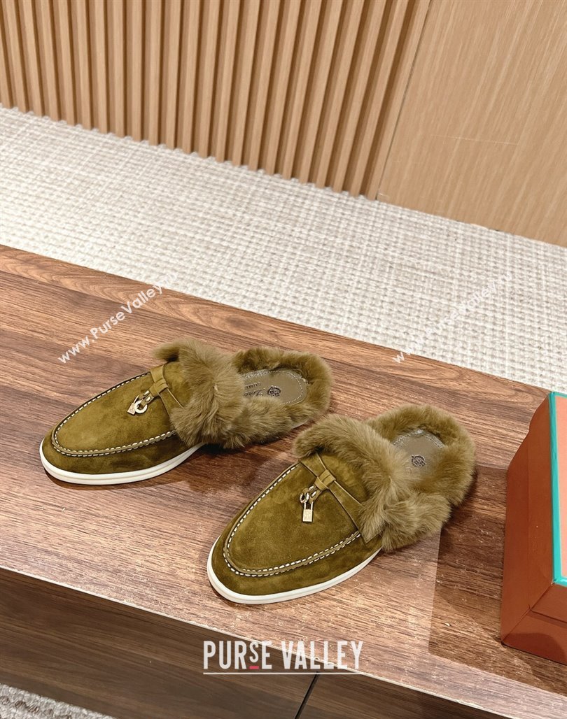 LP Charms Walk Babouche Loafers with Fur in Suede Green 2024 Top LP010901 (KL-240109069)